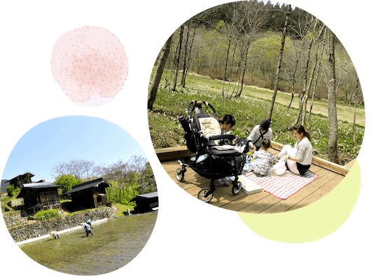 車いすやベビーカーでも安心な遊歩道が整備されているので、だれでも気軽に自然が楽しめます。左の写真は、池ケ原湿原の近くにある日本の原風景を残す静かな山間の里・種倉です。