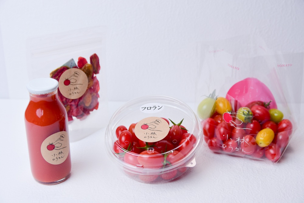 「小林農園」の商品。ミニトマト100%のトマトジュースはフルーツジュースのように甘い
