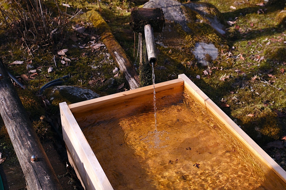 湧水が流れ落ちる木樋