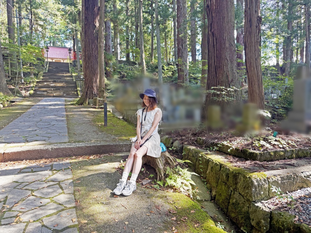 木の切り株を活用したベンチで一休み。