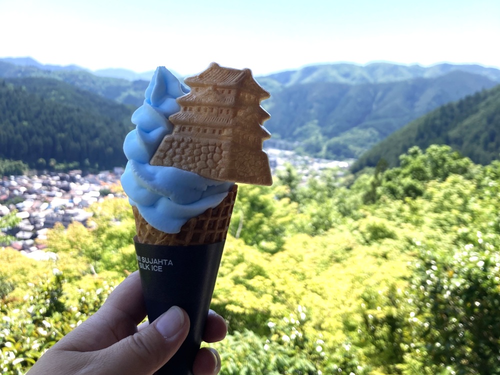 サイダー味のソフトクリームにお城のもなかを添えた「城ソフト」もおすすめです。（2024年5月撮影）