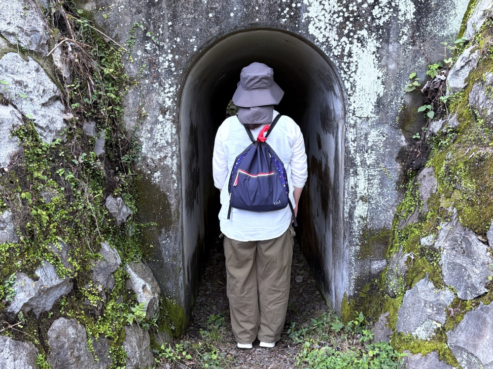 登山の入口にある、高さ170センチくらいの小さなトンネル。この上をJR高山本線が走っています