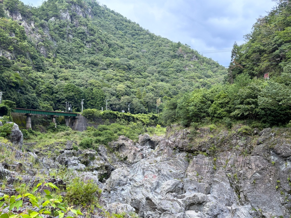 飛騨川の上流方面に、JR高山本線の鉄橋が架かる